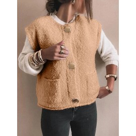 Light French Beige Big Button Accent Fuzzy Pocket Vest