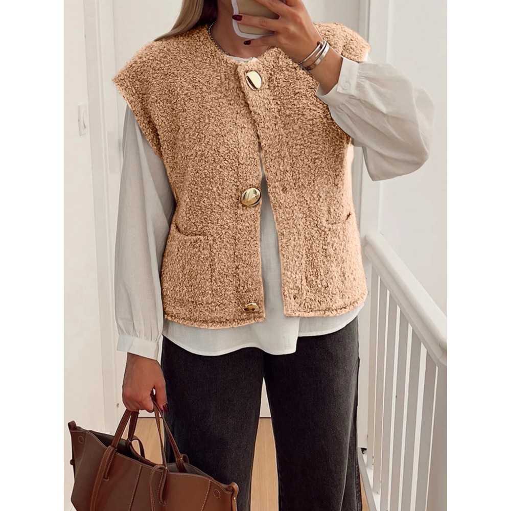 Light French Beige Big Button Accent Fuzzy Pocket Vest