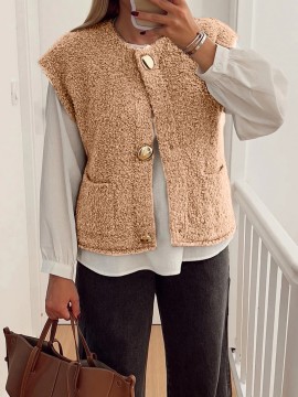 Light French Beige Big Button Accent Fuzzy Pocket Vest