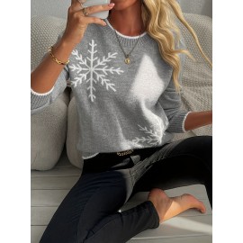 Women's Grey Snowflake Jacquard Sweater - Korean Winter Slim-Fit Pullover with White Snowflake Pattern, Soft Round Neck Long Sleeve Sweater for Christmas, Cozy Winter Party & Casual Outfits (Grey/Green/Black)