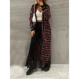 Women'S Elegant Fringe Long Cardigan - Non-Stretchy Loose Fit Winter Coat with Tassel Trim, Friendly, Belted Waist, Fall/Winter Outerwear for Everyday & Formal