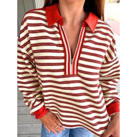 Striped Print Contrast Collar Zip V Neck Long Sleeve Top