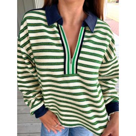 Striped Print Contrast Collar Zip V Neck Long Sleeve Top
