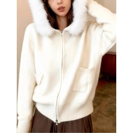 Women'S Korean Winter Jacket with Fur Collar - Loose Fit Hooded Coat, /All-Season Outerwear for Casual & Formal Events, Easy-Care Cardigan Sweater (Women'S Clothing)