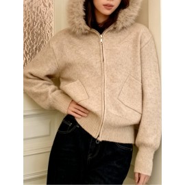 Women'S Korean Winter Jacket with Fur Collar - Loose Fit Hooded Coat, /All-Season Outerwear for Casual & Formal Events, Easy-Care Cardigan Sweater (Women'S Clothing)