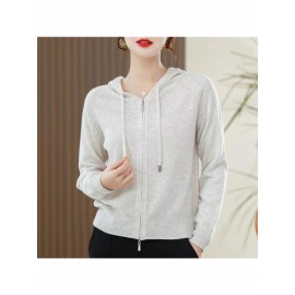 Spring and Autumn Women'S Hooded Cardigan | Long-Sleeved, Loose Fit, Solid Color, V-Neck, Elegant Style