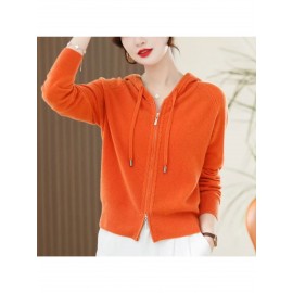Spring and Autumn Women'S Hooded Cardigan | Long-Sleeved, Loose Fit, Solid Color, V-Neck, Elegant Style