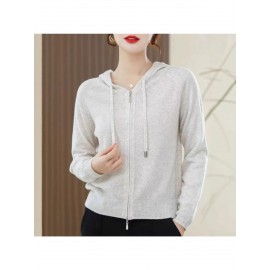 Spring and Autumn Women'S Hooded Cardigan | Long-Sleeved, Loose Fit, Solid Color, V-Neck, Elegant Style