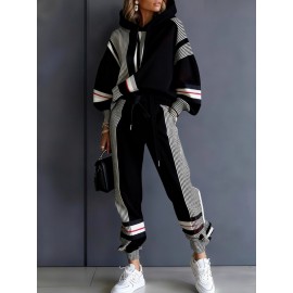 Women's Fall Winter New Color Block Hoodie Set Casual Sweatshirt Pants 2pcs