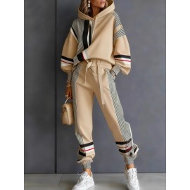 Women's Fall Winter New Color Block Hoodie Set Casual Sweatshirt Pants 2pcs