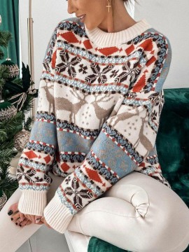 Women's Christmas Jacquard Sweater - Reindeer & Snowflake Cable- Pattern, Brown/White/Blue/Green/Red, Loose Fit Long Sleeve Round Neck Pullover, Cozy Winter Sweater for Holiday Parties & Casual Wear (Machine Washable)