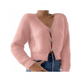 100% WOOL Cardigan | Autumn and Winter New Bow Single Breasted Sweater Coat with Long Sleeves and Lapel Collar