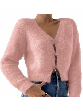 100% WOOL Cardigan | Autumn and Winter New Bow Single Breasted Sweater Coat with Long Sleeves and Lapel Collar