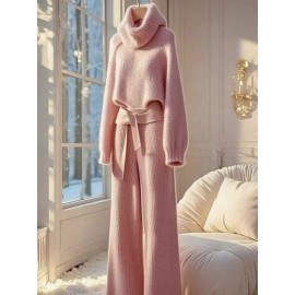 Autumn and Winter High-End Solid Color Cowl Neck Sweater with Niche Casual Wide-Leg Pants | Two-Piece Suit for Women'S Commute Wear, Elegant Style with Detail