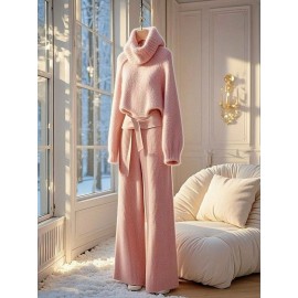 Autumn and Winter High-End Solid Color Cowl Neck Sweater with Niche Casual Wide-Leg Pants | Two-Piece Suit for Women'S Commute Wear, Elegant Style with Detail