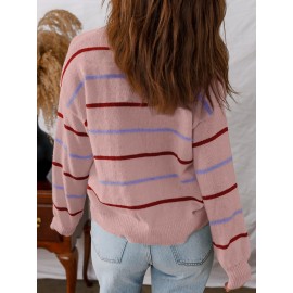 Women'S Multicolor Striped Round Neck Sweater Dress - Long Sleeve A-Line Mini Dress with Multicolor Horizontal Stripes (Pink/) | Spring/Fall Casual to Semi-Formal Outfits | Easy-Care Round Neck Design & Versatile Layering Piece