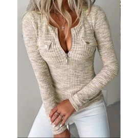 Women's Elegant V-Neck Sweater with Full Zipper Front - Belted Waist Suitable for Spring/Fall, Casual to Office Wear, Solid Color Long Sleeve Blouses Sweaters