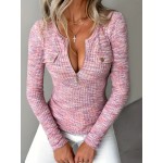 Women's Elegant V-Neck Sweater with Full Zipper Front - Belted Waist Suitable for Spring/Fall, Casual to Office Wear, Solid Color Long Sleeve Blouses Sweaters