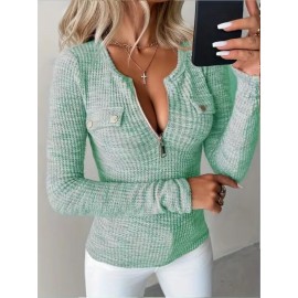 Women's Elegant V-Neck Sweater with Full Zipper Front - Belted Waist Suitable for Spring/Fall, Casual to Office Wear, Solid Color Long Sleeve Blouses Sweaters