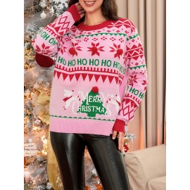 Women's Christmas Long Sleeve Sweaters Reindeer Snowflake Letter Tree Round Neck Ribbed Knitted Tops