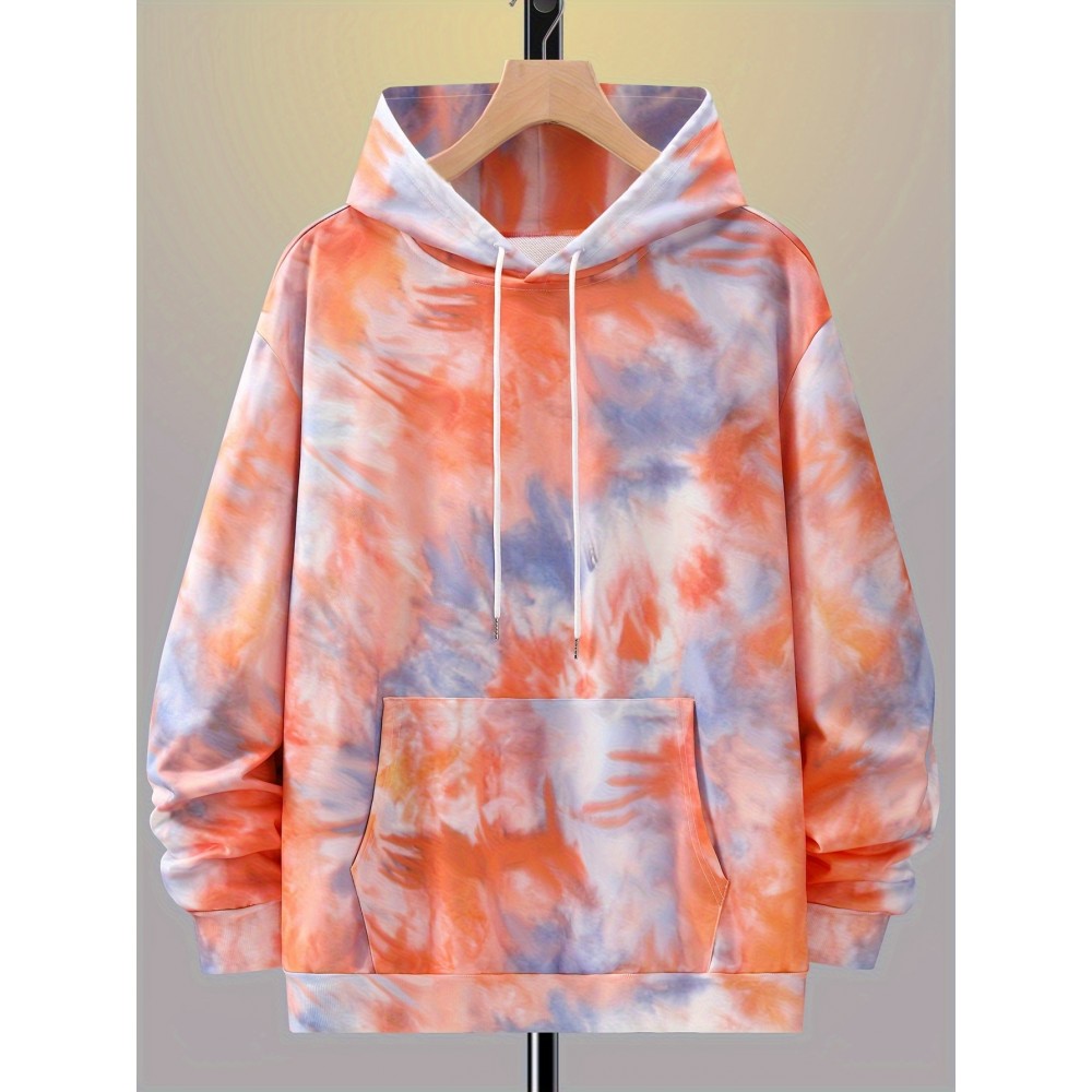 Men's Gradient Color Hoodie with Abstract Tie-Dye Print - Soft Casual Pullover, Kangaroo Pocket & Adjustable Drawstring Hood, Machine Washable Regular Fit Long Sleeve Sweatshirt, Essential Hoodie, Sporty Pullover, Comfortable Wear, PLUS SIZE
