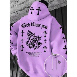 Men'S Christian Faith Hooded Sweatshirt with Prayer Hands & Cross Design - All-Season Casual Pullover, Machine Washable, Kangaroo Pocket & Drawstring Hood, Plus Size, Church Activities & Casual Attire