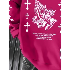 Men'S Christian Faith Hooded Sweatshirt with Prayer Hands & Cross Design - All-Season Casual Pullover, Machine Washable, Kangaroo Pocket & Drawstring Hood, Plus Size, Church Activities & Casual Attire