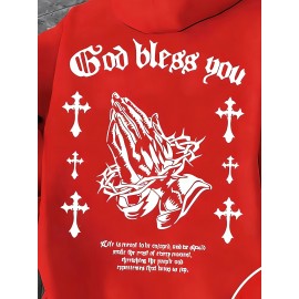 Men'S Christian Faith Hooded Sweatshirt with Prayer Hands & Cross Design - All-Season Casual Pullover, Machine Washable, Kangaroo Pocket & Drawstring Hood, Plus Size, Church Activities & Casual Attire