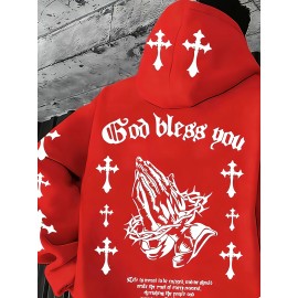Men'S Christian Faith Hooded Sweatshirt with Prayer Hands & Cross Design - All-Season Casual Pullover, Machine Washable, Kangaroo Pocket & Drawstring Hood, Plus Size, Church Activities & Casual Attire