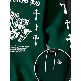 Men'S Christian Faith Hooded Sweatshirt with Prayer Hands & Cross Design - All-Season Casual Pullover, Machine Washable, Kangaroo Pocket & Drawstring Hood, Plus Size, Church Activities & Casual Attire