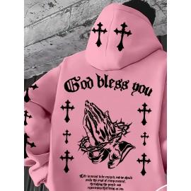 Men'S Christian Faith Hooded Sweatshirt with Prayer Hands & Cross Design - All-Season Casual Pullover, Machine Washable, Kangaroo Pocket & Drawstring Hood, Plus Size, Church Activities & Casual Attire