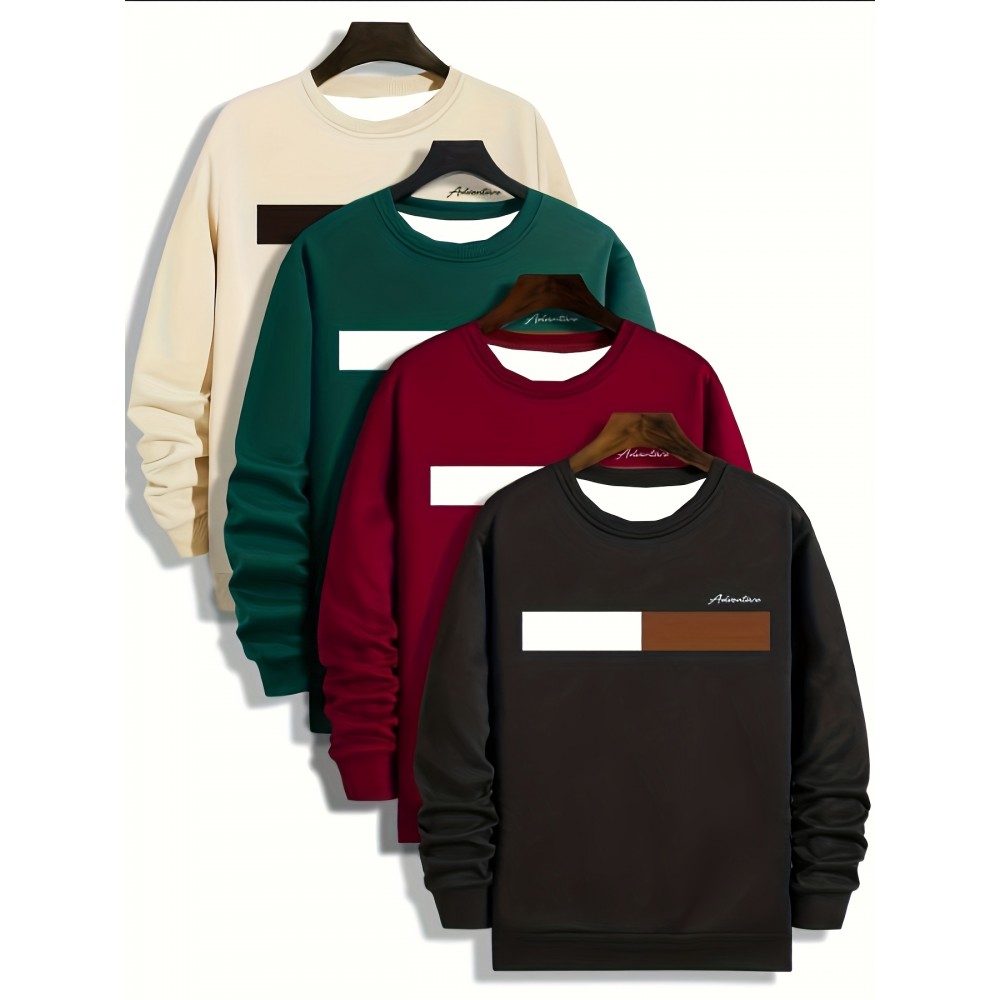 [Men's Crew Neck] 4pcs Men'S Casual Crew Neck Sweatshirts, 100% Polyester Knit Fabric, Long Sleeve, Loose Fit, Geometric Pattern, Slightly Elastic, PLUS SIZE