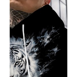 Men'S Plus-Size Hoodie with 3D Print Black Background And White Tiger Totem Design, a Trendy Streetwear Piece Featuring a Unique Animal Pattern, Plus Size