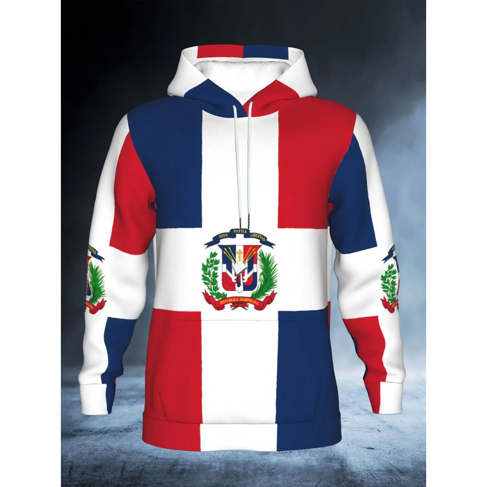 Men's Heavyweight Dominican Republic Flag Hoodie with 3D Emblem & National Logo - Red/White/Blue Pride Sweatshirt, Plus Size Pullover for Dominican Pride Events, Casual Wear &, Machine Washable Long Sleeve (Dominican Flag Colors), PLUS SIZE