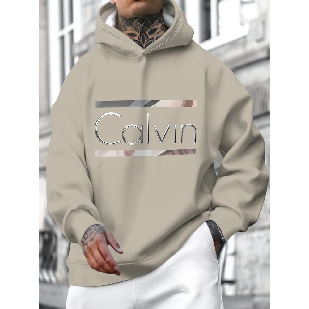 Men's Plus Size Oversized Hooded Sweatshirt - Khaki with Letter 'H' Print, Casual Pullover Hoodie, Machine Washable Comfortable Sweater for Big & Tall Men, PLUS SIZE