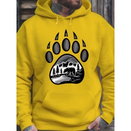 Plus-Size Men'S 3D Digital Print Bear Paw & Forest Graphic Hooded Sweatshirt - with Wildlife Design, Casual Long Sleeve Pullover, Regular Fit for Outdoor & Casual Attire, Nature-Inspired Men'S Fashion, Plus Size