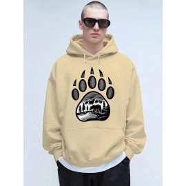 Plus-Size Men'S 3D Digital Print Bear Paw & Forest Graphic Hooded Sweatshirt - with Wildlife Design, Casual Long Sleeve Pullover, Regular Fit for Outdoor & Casual Attire, Nature-Inspired Men'S Fashion, Plus Size