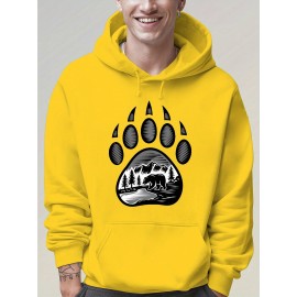 Plus-Size Men'S 3D Digital Print Bear Paw & Forest Graphic Hooded Sweatshirt - with Wildlife Design, Casual Long Sleeve Pullover, Regular Fit for Outdoor & Casual Attire, Nature-Inspired Men'S Fashion, Plus Size