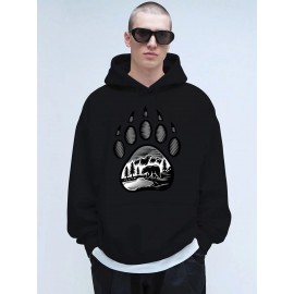 Plus-Size Men'S 3D Digital Print Bear Paw & Forest Graphic Hooded Sweatshirt - with Wildlife Design, Casual Long Sleeve Pullover, Regular Fit for Outdoor & Casual Attire, Nature-Inspired Men'S Fashion, Plus Size