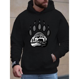 Plus-Size Men'S 3D Digital Print Bear Paw & Forest Graphic Hooded Sweatshirt - with Wildlife Design, Casual Long Sleeve Pullover, Regular Fit for Outdoor & Casual Attire, Nature-Inspired Men'S Fashion, Plus Size