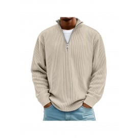 Men's Corduroy Quarter-Zip Sweater - Thermal Stand Collar -Neck Pullover, Corduroy Sweaters for Fall Winter Spring Summer, Casual Long Sleeve Machine-Washable Sweaters in Neutral Colors (/Tan/) - Regular Fit Top, PLUS SIZE