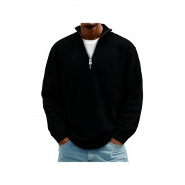 Men's Corduroy Quarter-Zip Sweater - Thermal Stand Collar -Neck Pullover, Corduroy Sweaters for Fall Winter Spring Summer, Casual Long Sleeve Machine-Washable Sweaters in Neutral Colors (/Tan/) - Regular Fit Top, PLUS SIZE