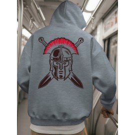 Spartan Men's Spartan Helmet and Spear Print Hooded Sweatshirt - Oversized Street Style Pullover in Beige with Red Spartan Print, Soft Warm Winter Top, Ideal Gift for History Enthusiasts, Casual Wear, Comfortable Clothing, Vintage Aesthetic, Durable