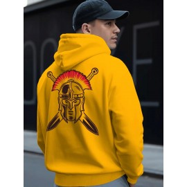 Spartan Men's Spartan Helmet and Spear Print Hooded Sweatshirt - Oversized Street Style Pullover in Beige with Red Spartan Print, Soft Warm Winter Top, Ideal Gift for History Enthusiasts, Casual Wear, Comfortable Clothing, Vintage Aesthetic, Durable