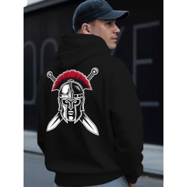 Spartan Men's Spartan Helmet and Spear Print Hooded Sweatshirt - Oversized Street Style Pullover in Beige with Red Spartan Print, Soft Warm Winter Top, Ideal Gift for History Enthusiasts, Casual Wear, Comfortable Clothing, Vintage Aesthetic, Durable