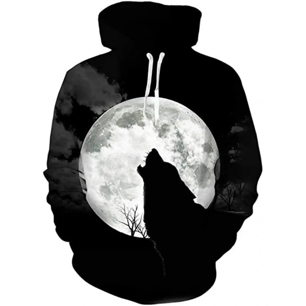 Men's Wolf and Full Moon Pattern Hoodie- Streetwear Pullover Sweatshirt with Hood, Long Sleeve Autumn Winter Cold Weather Jacket, Adjustable Zipper Hood- Men's Urban Outdoor Clothing, Casual Wear, Strong Print, Comfortable Fabric, Casual Wear, PLUS