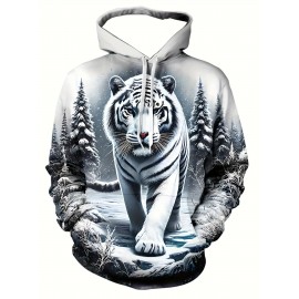 Men'S 3D Ice And Snow World Hoodie Featuring a White Tiger Design - a Long-Sleeve Casual Pullover with Drawstring Pockets, Adorned with Nature-Inspired Decorations And High-Quality Detailed Prints, Made from Machine-Washable Fabric, Plus Size