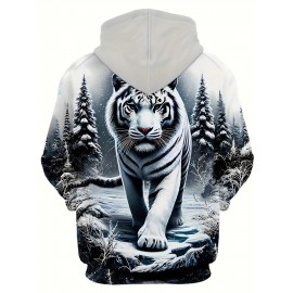 Men'S 3D Ice And Snow World Hoodie Featuring a White Tiger Design - a Long-Sleeve Casual Pullover with Drawstring Pockets, Adorned with Nature-Inspired Decorations And High-Quality Detailed Prints, Made from Machine-Washable Fabric, Plus Size