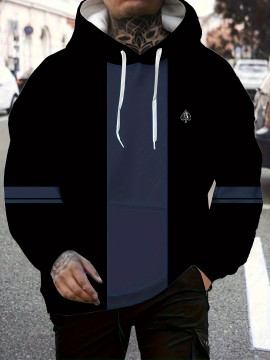 Men's long sleeved 3D minimalist pattern printed casual drawstring hooded sweatshirt in autumn and winter seasons, large size, PLUS SIZE