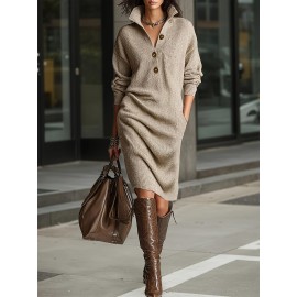 Plus Size - Hertalk'S New Button- Lapel Loose Straight Dress Is a Mid-Length Sweater Dress